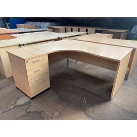 Second-hand L/H Radial Desk with 3 Drawer Desk High Pedestal BEECH