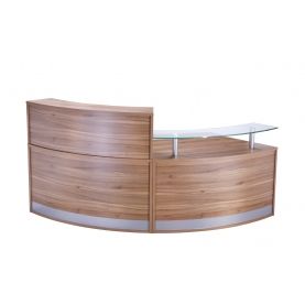 2 section curved full height radius reception + low height radius reception with glass shelf walnut