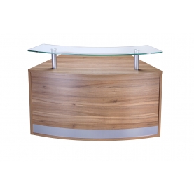 Single section curved low height radius reception with glass shelf walnut