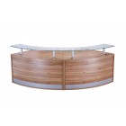 2 section curved low height radius reception with glass shelves walnut