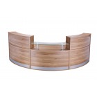 3 section curved twin full height radius reception + low height radius reception with glass shelf walnut