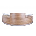 3 section curved twin low height radius reception with glass shelves + full height radius reception walnut