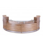 4 section curved twin full height radius reception + twin low height radius reception with glass shelves walnut