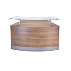 Single section curved low height radius reception with glass shelf walnut
