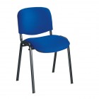 Black framed stacking chair in blue fabric